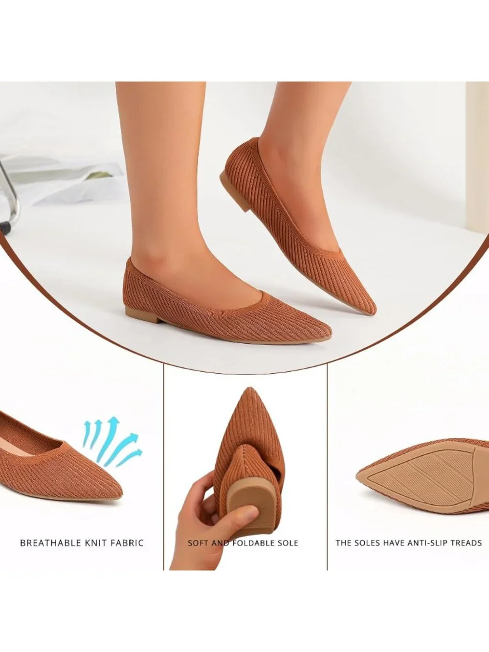 Women's Brown Comfortable Pointed Toe Knit Foldable Slip On Ballet Flat Shoes